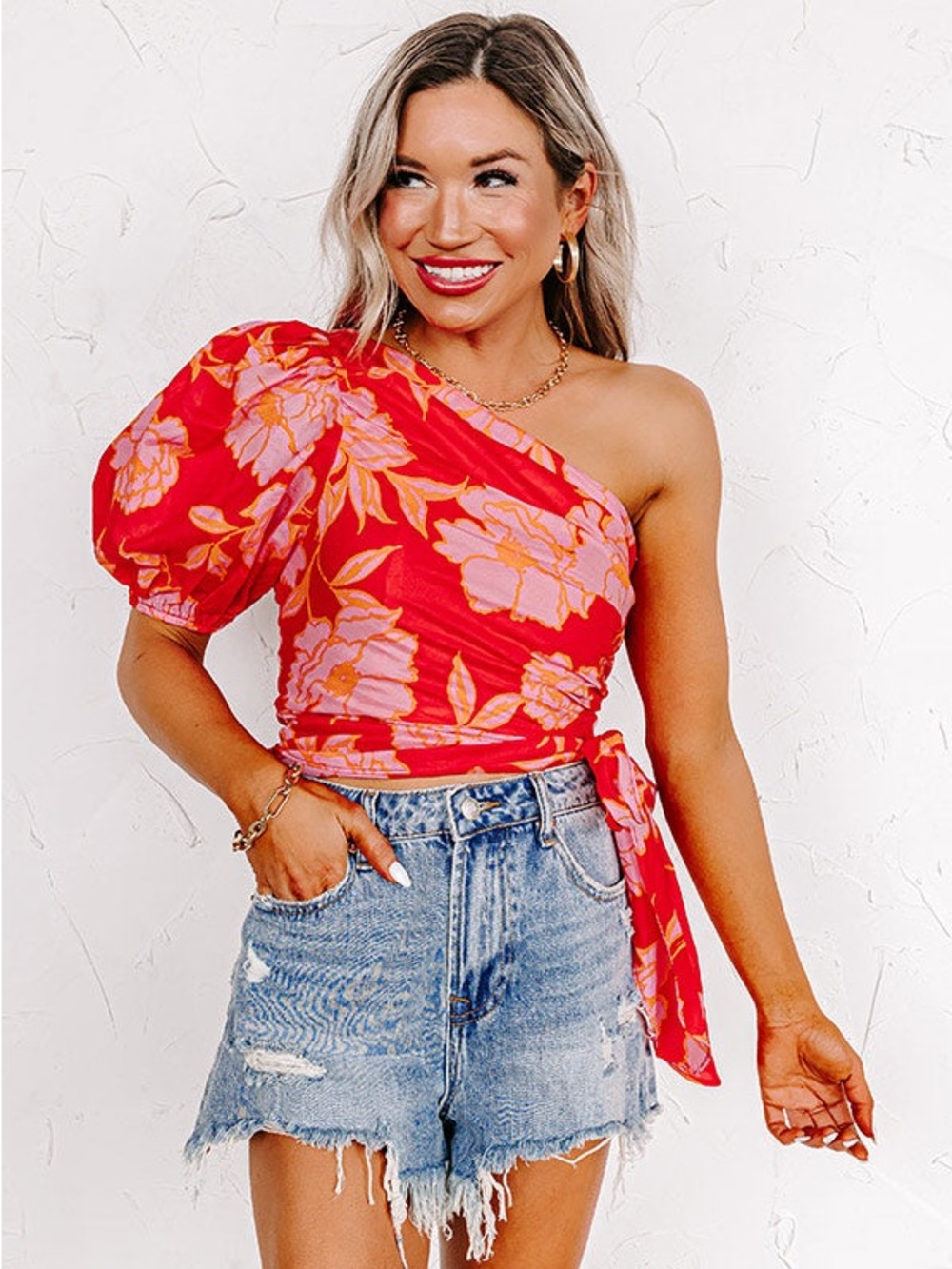 vestique One-Shoulder Floral Tie-Waist Crop Top in Red and Pink